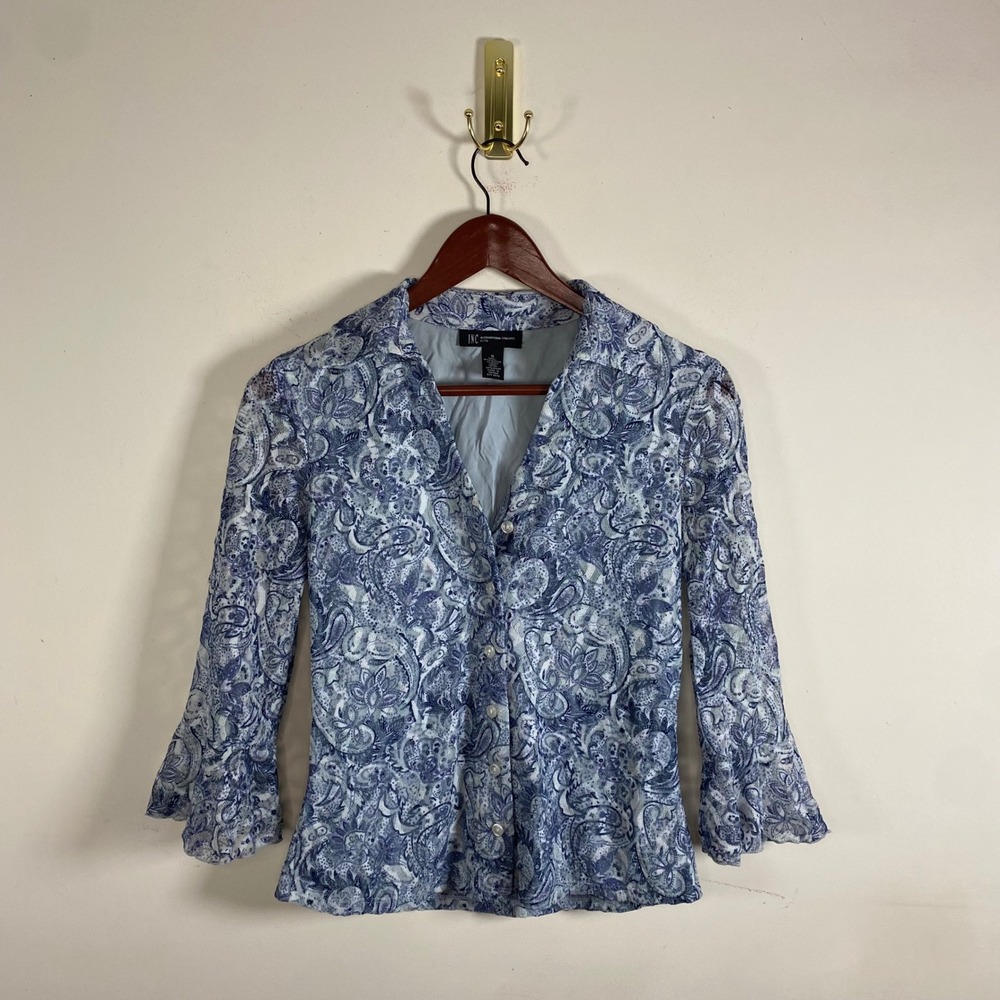 Vintage Y2K I.N.C Button Up Collared Shirt 3/4 Ruffle Sleeves Blue‎ Paisley Boho